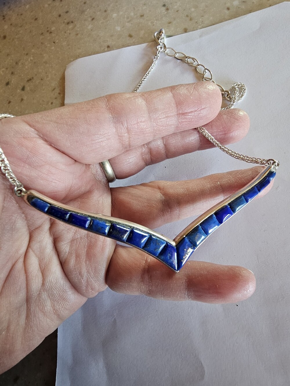 Vintage Jay King DTR Sterling Silver Lapis Lazuli Chevron Inlay Wheat Chain